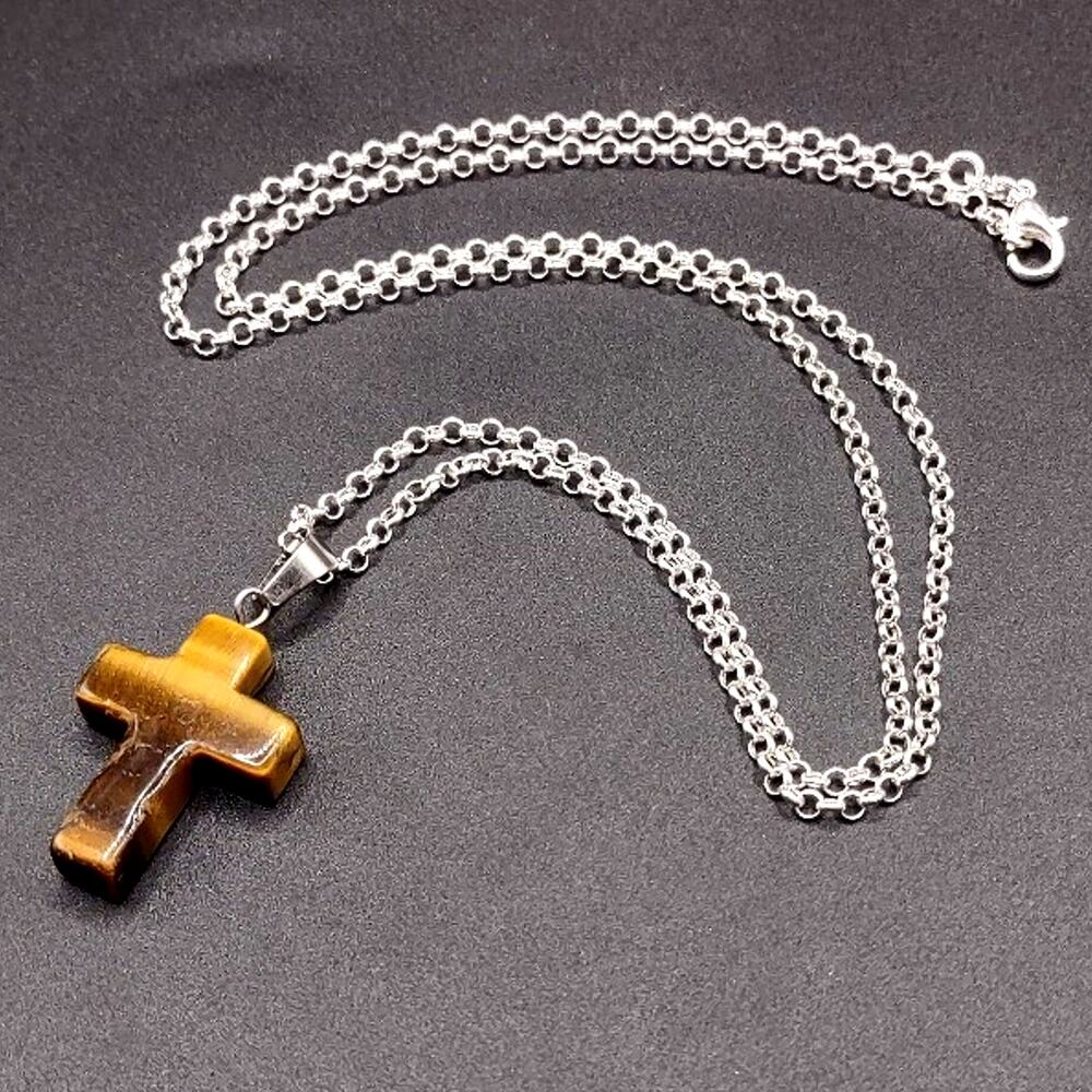 925 Silver Necklace W/ Stone Cross Gold Tiger's Eye Anniversary Birthday Gift
